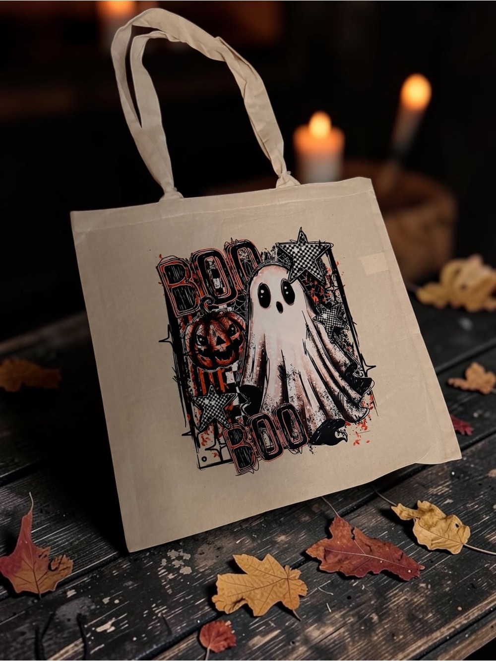 Beige Halloween Ghost Tote Bag – Seasonal Canvas Shopper